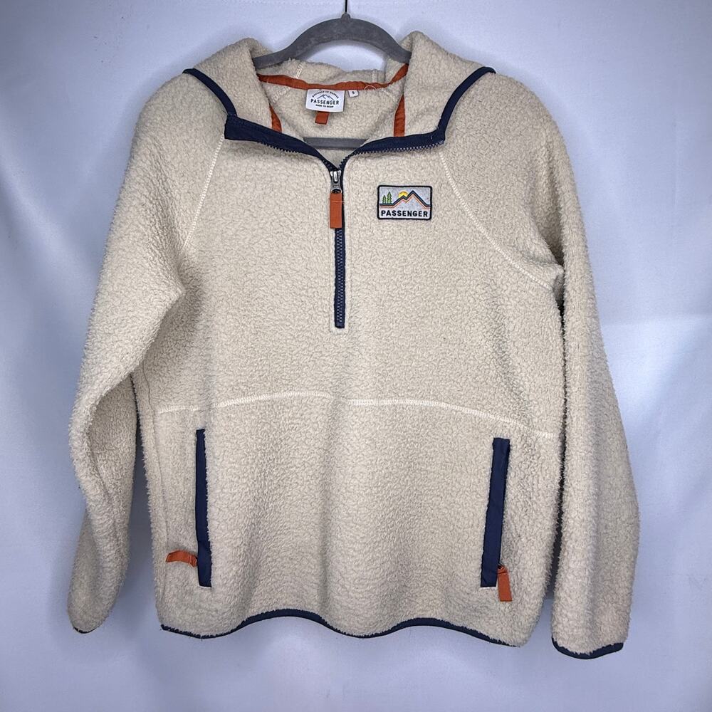 Passenger Sherpa Fleece Quarter-Zip Hooded Pullover Jacket Cream Small